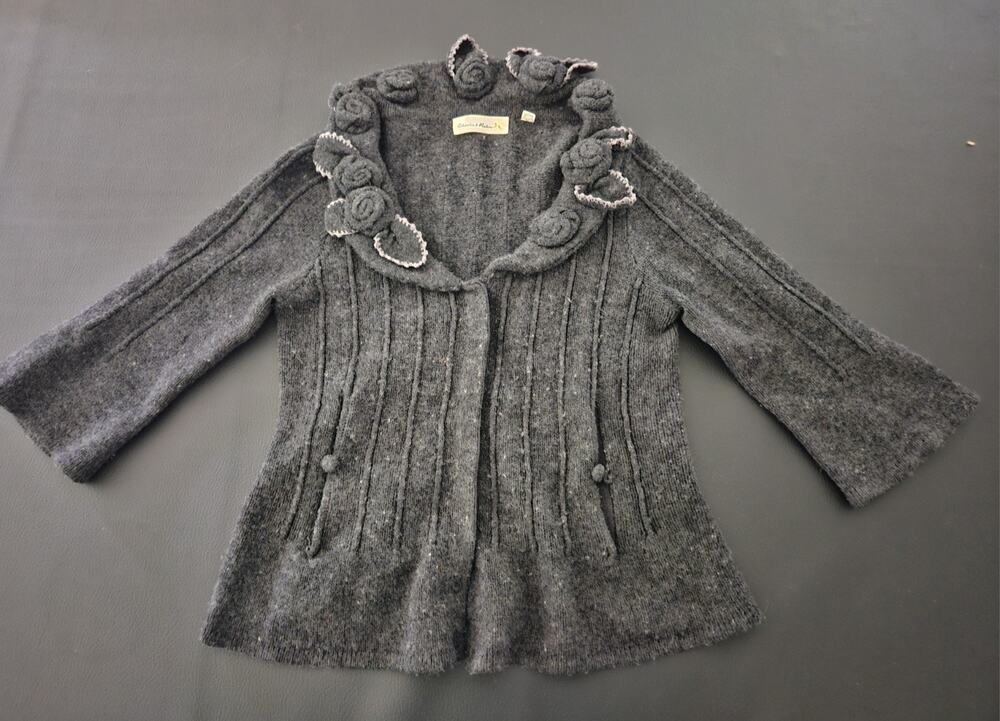 Anthropologie Charlie & Robin Wool Grey Bell Sleeve Flower Cardigan Sweater